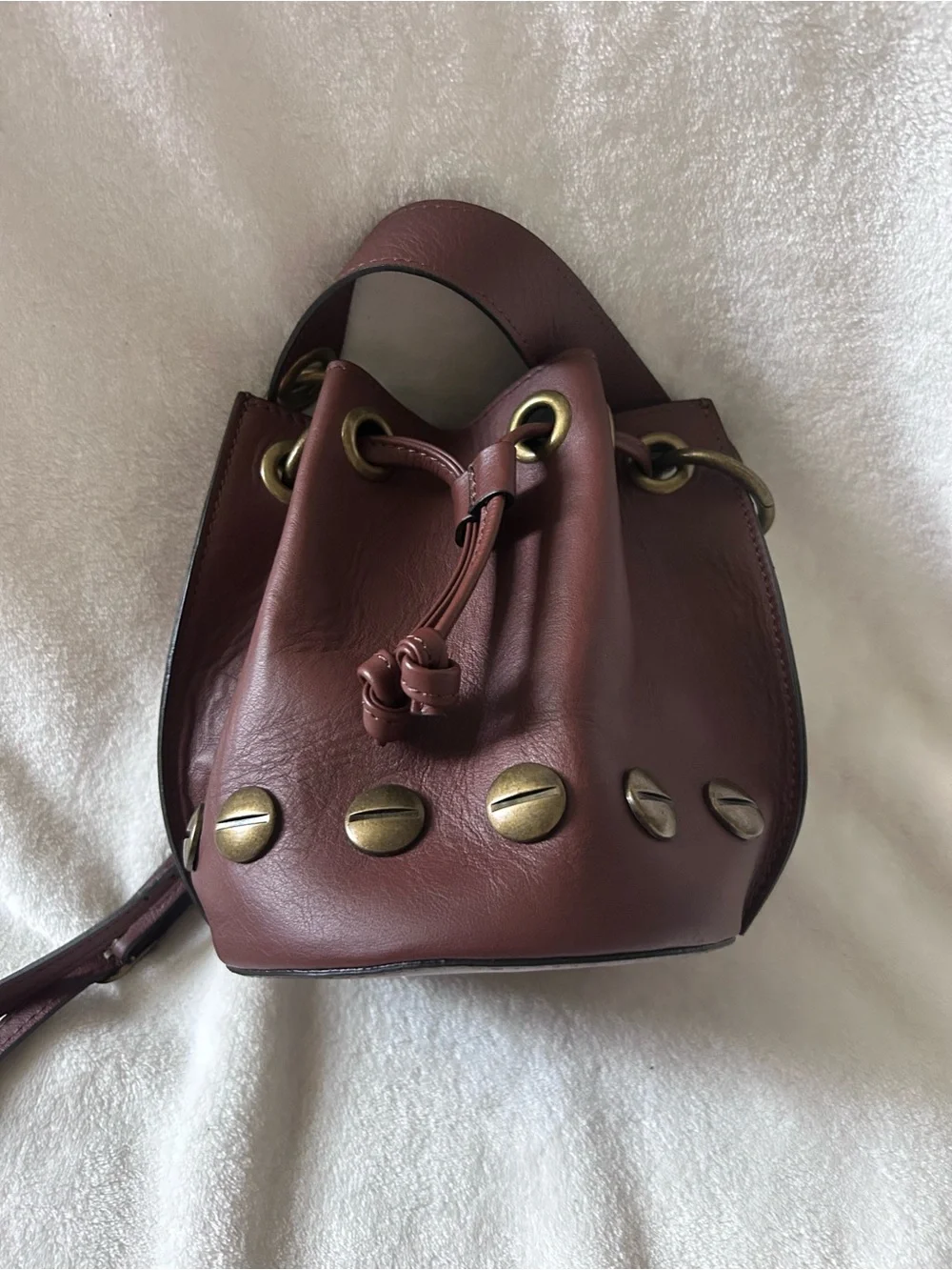 Stella Bianca Brown Italian Leather Brass Studded Drawcord Bucket Crossbody Bag